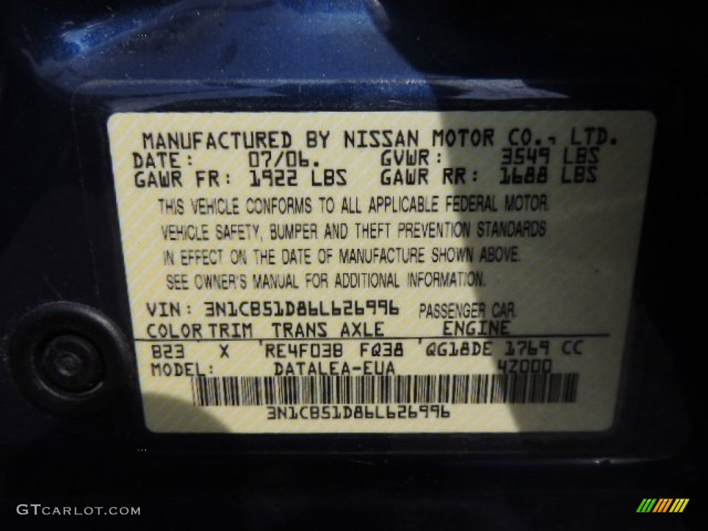 2006 Sentra Color Code B23 for Blue Dusk Metallic Photo #69848125