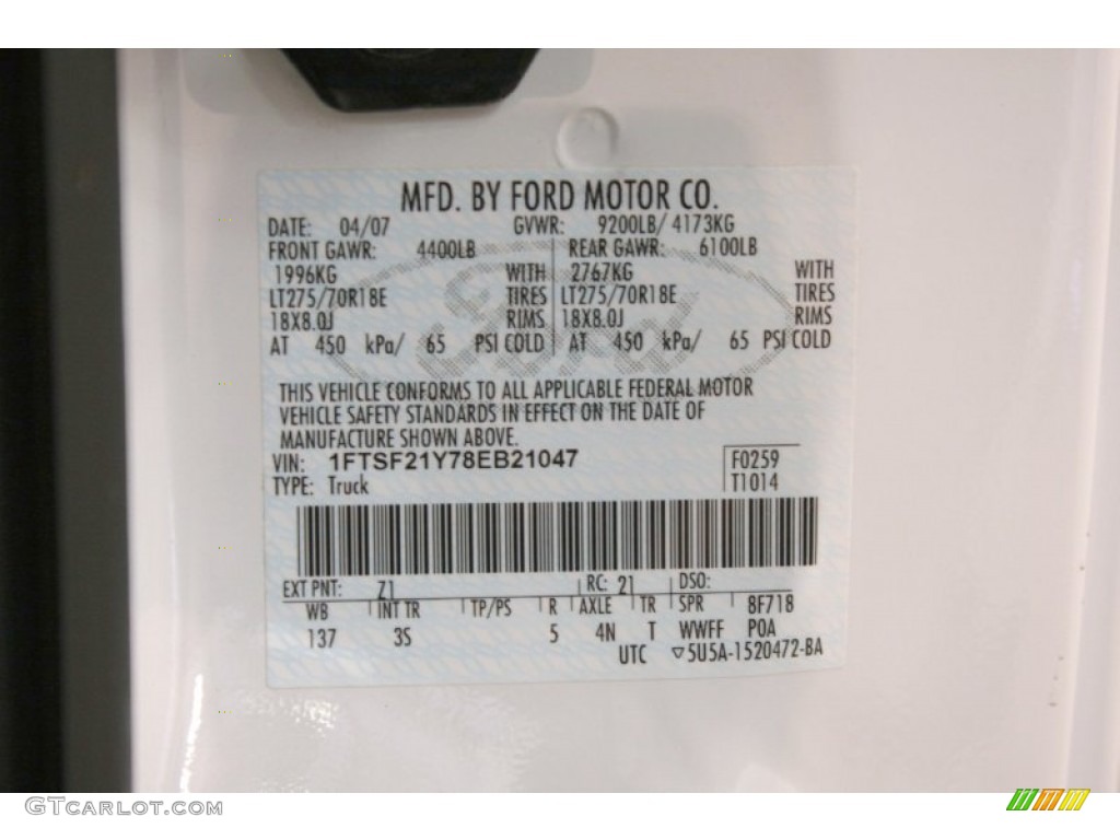 2008 Ford F250 Super Duty XLT Regular Cab 4x4 Color Code Photos
