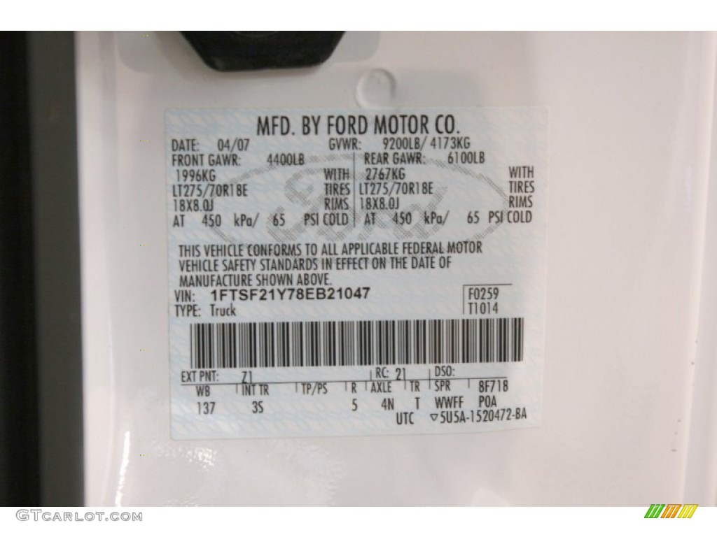 2008 F250 Super Duty Color Code Z1 for Oxford White Photo #69854023