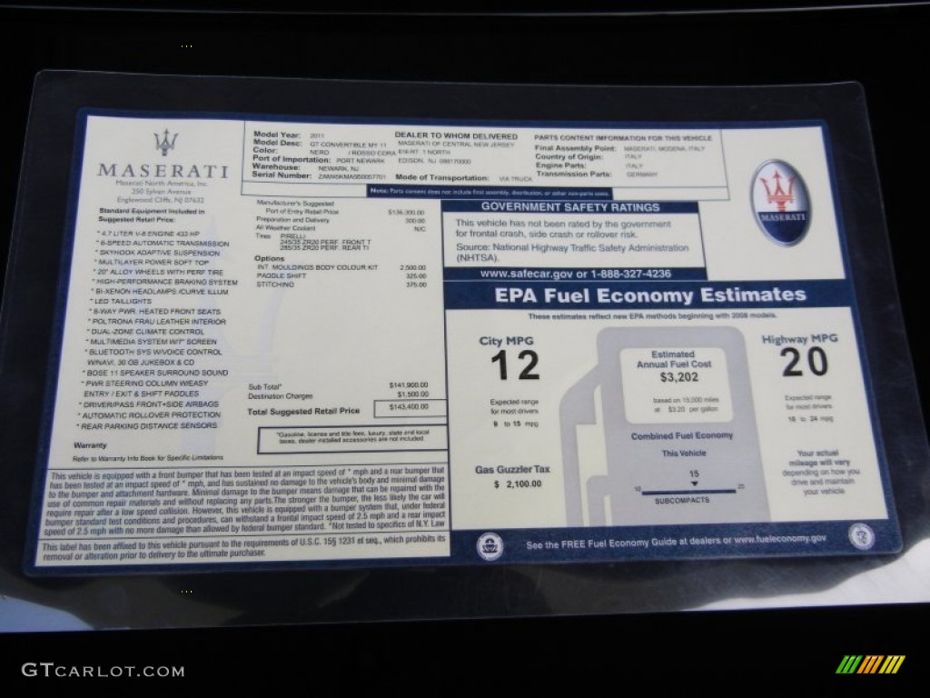 2011 Maserati GranTurismo Convertible GranCabrio Window Sticker Photo #69872725