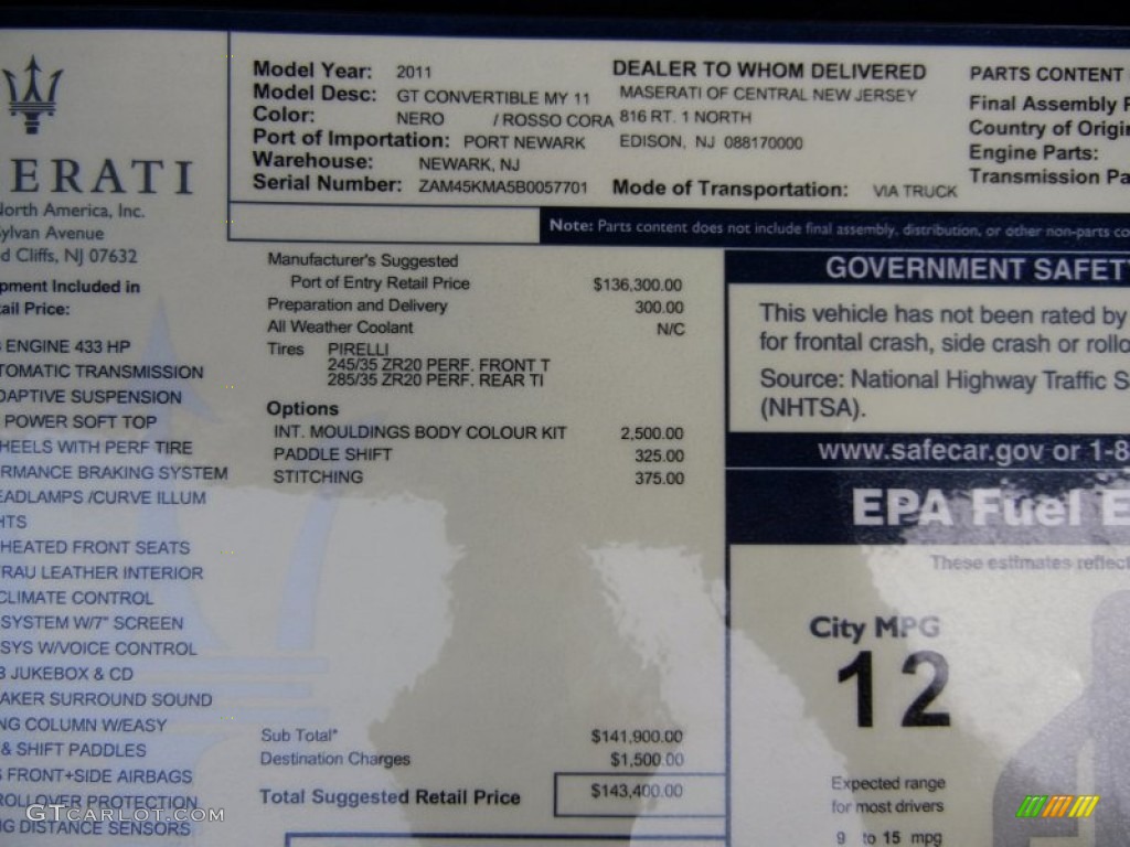 2011 Maserati GranTurismo Convertible GranCabrio Window Sticker Photo #69872740