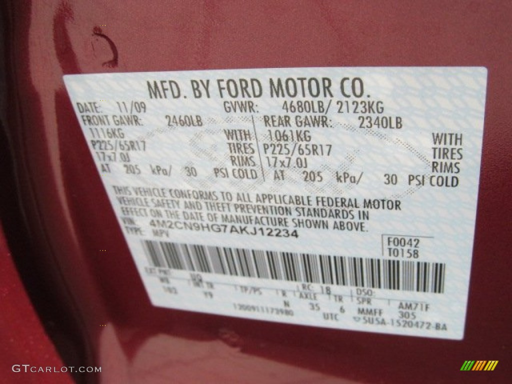 2010 Mercury Mariner V6 Premier 4WD Voga Package Color Code Photos