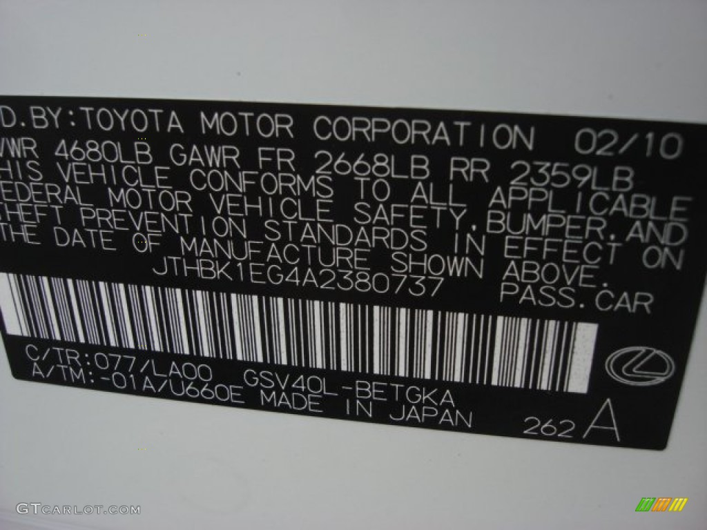 2010 ES Color Code 077 for Starfire White Pearl Photo #69881962
