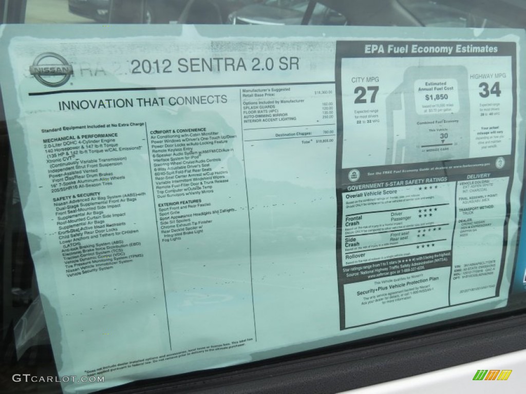 2012 Nissan Sentra 2.0 SR Window Sticker Photo #69891529