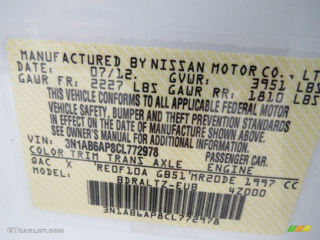 2012 Sentra Color Code QAC for Aspen White Photo #69891535