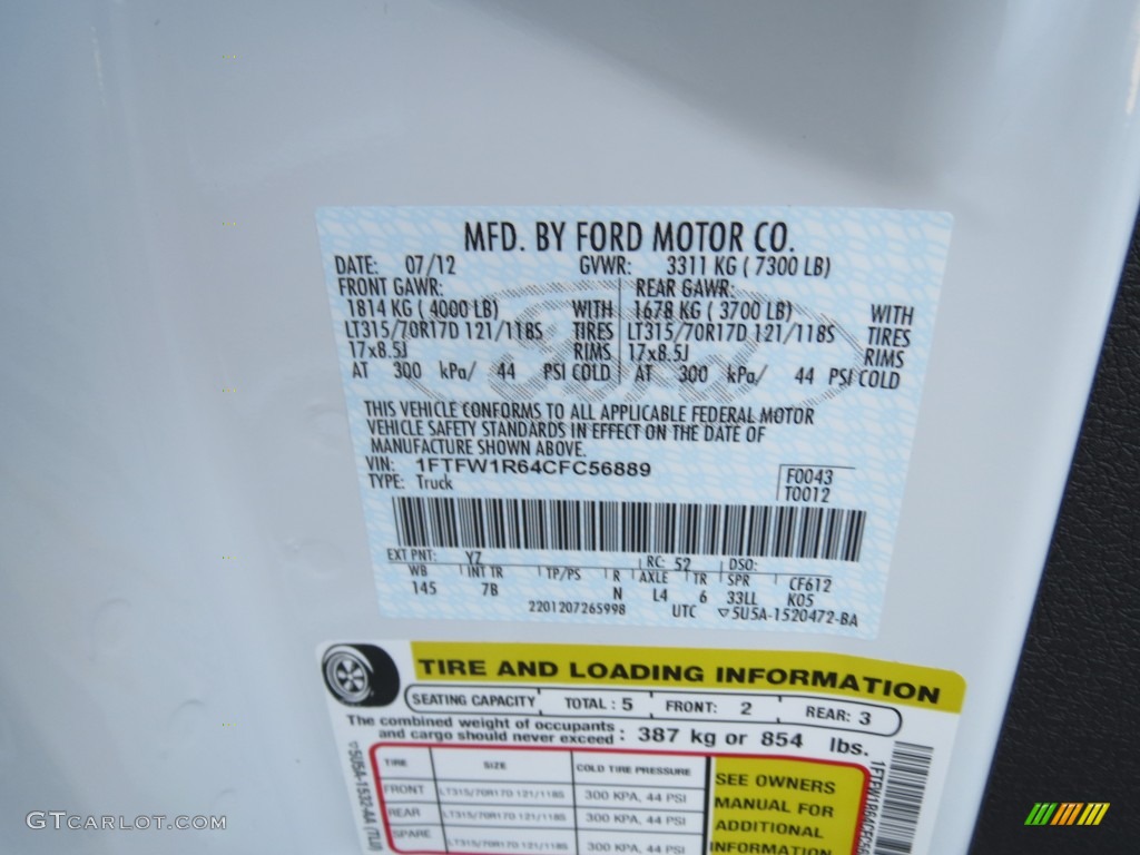 2012 F150 Color Code YZ for Oxford White Photo #69922121