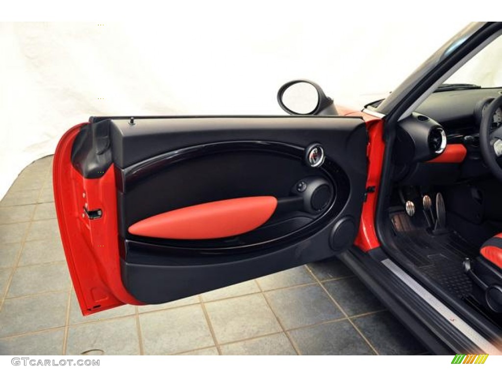 2008 Mini Cooper S Hardtop Rooster Red Leather/Carbon Black Door Panel Photo #69929928