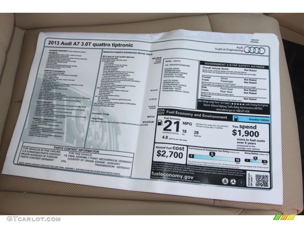 2013 Audi A7 3.0T quattro Prestige Window Sticker Photo #69961519