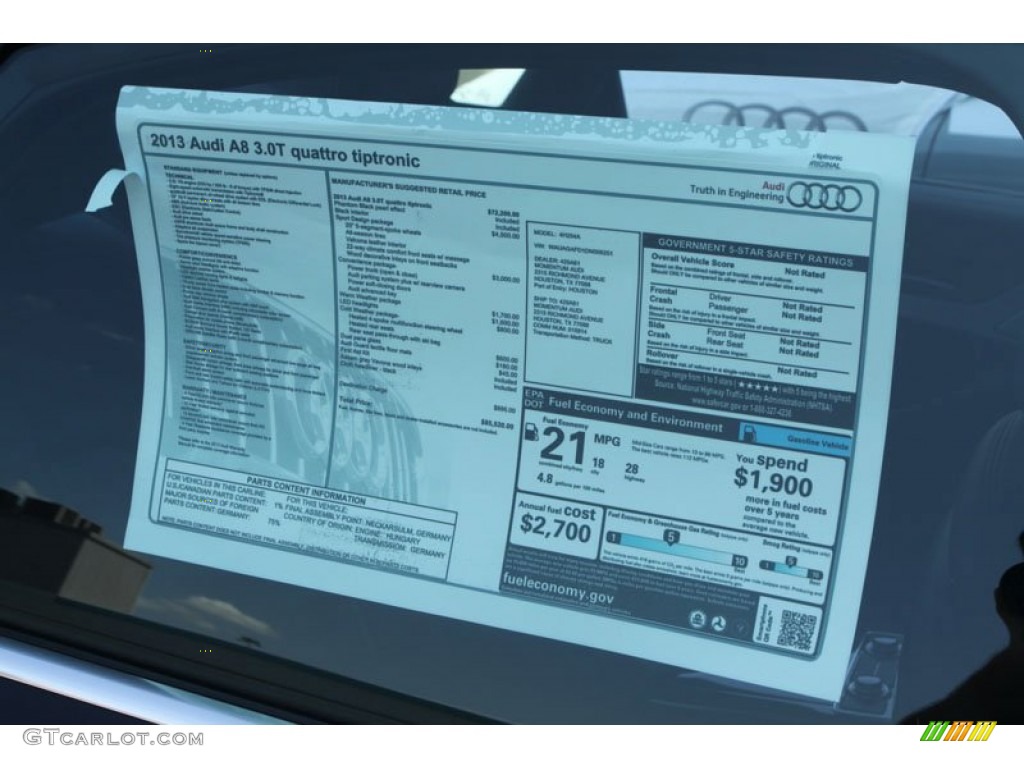 2013 Audi A8 3.0T quattro Window Sticker Photo #69962267