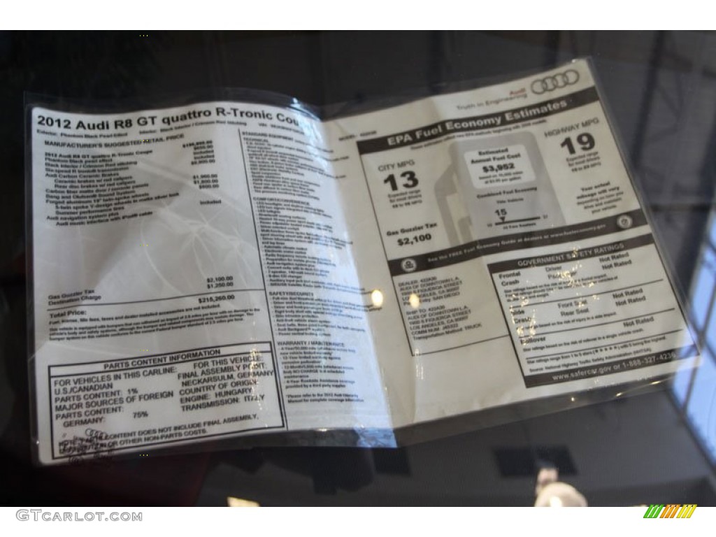 2012 Audi R8 GT Window Sticker Photos