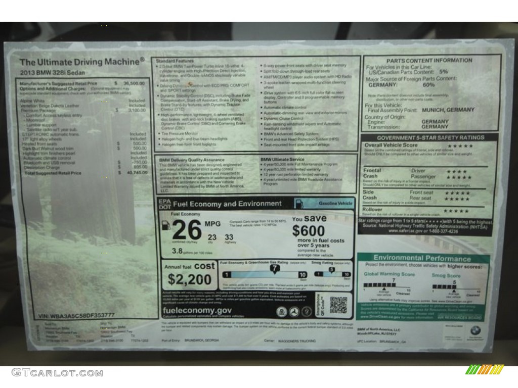 2013 3 Series 328i Sedan - Alpine White / Venetian Beige photo #27