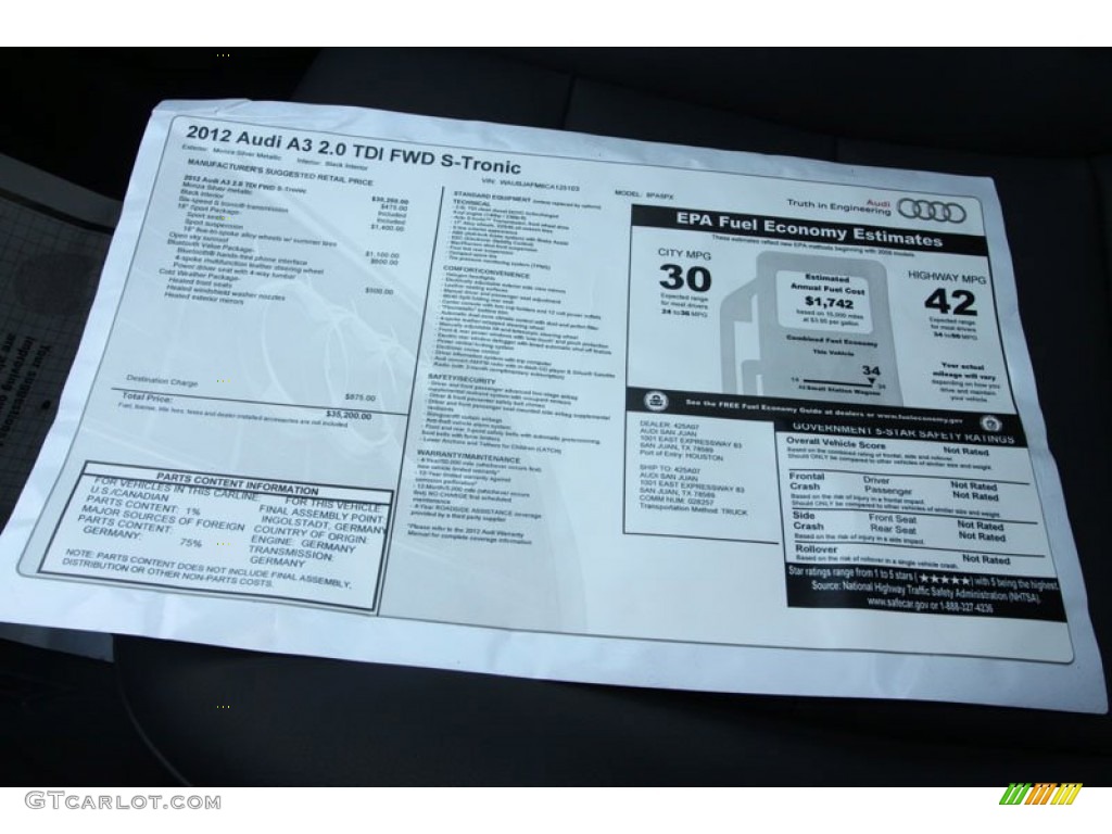 2012 Audi A3 2.0 TDI Window Sticker Photo #69963724