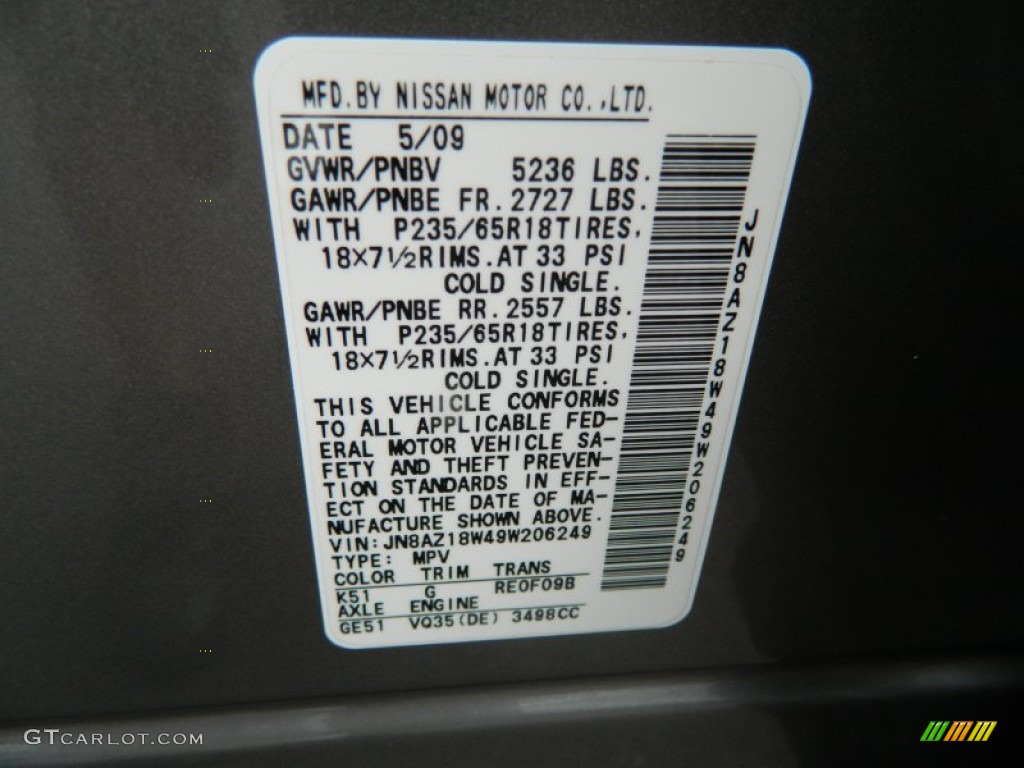 2009 Murano SL AWD - Platinum Graphite Metallic / Black photo #30