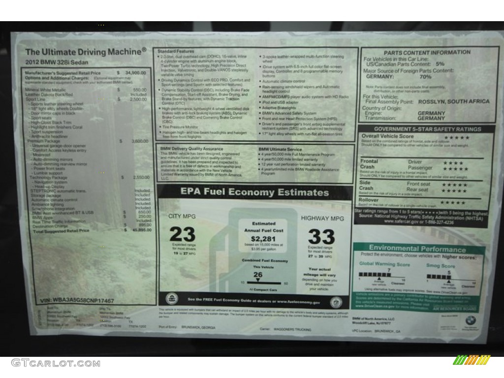 2012 BMW 3 Series 328i Sedan Window Sticker Photo #69965317