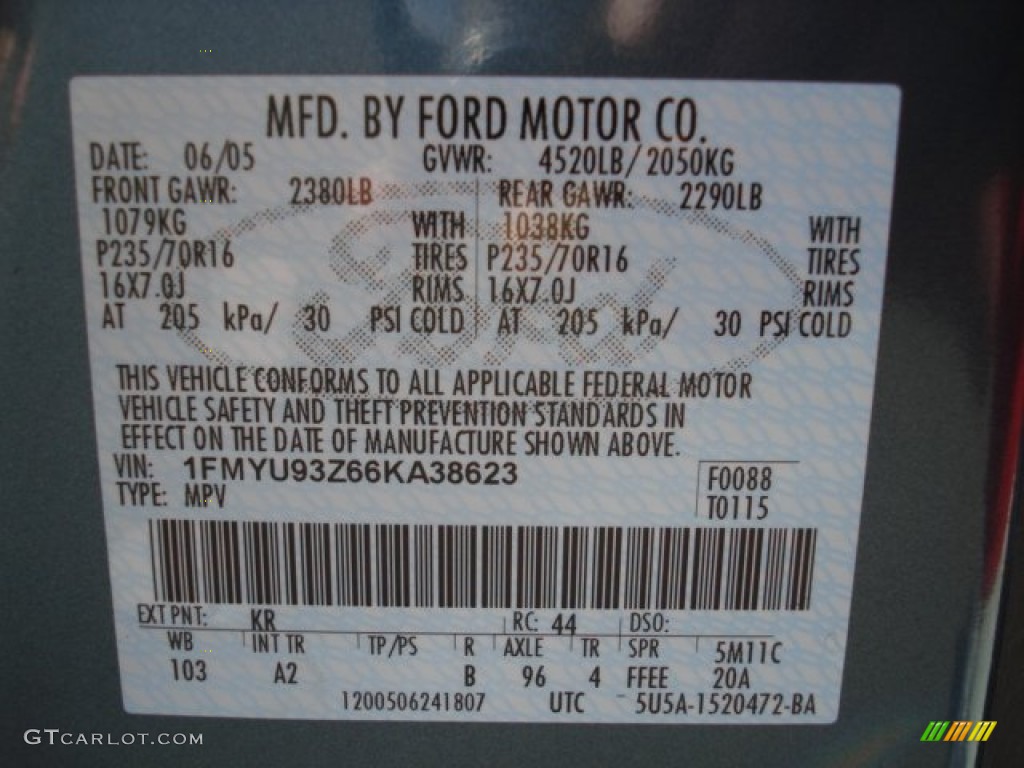 2006 Ford Escape XLT 4WD Color Code Photos