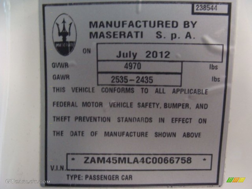 2012 Maserati GranTurismo MC Coupe Info Tag Photo #69977494