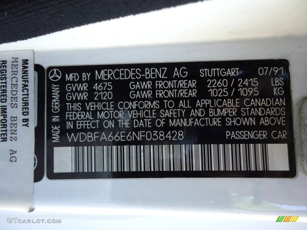 1992 Mercedes-Benz SL 500 Roadster Info Tag Photo #69992755