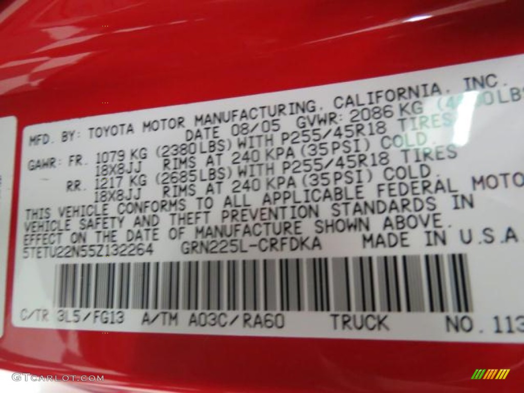 2005 Toyota Tacoma X-Runner Color Code Photos