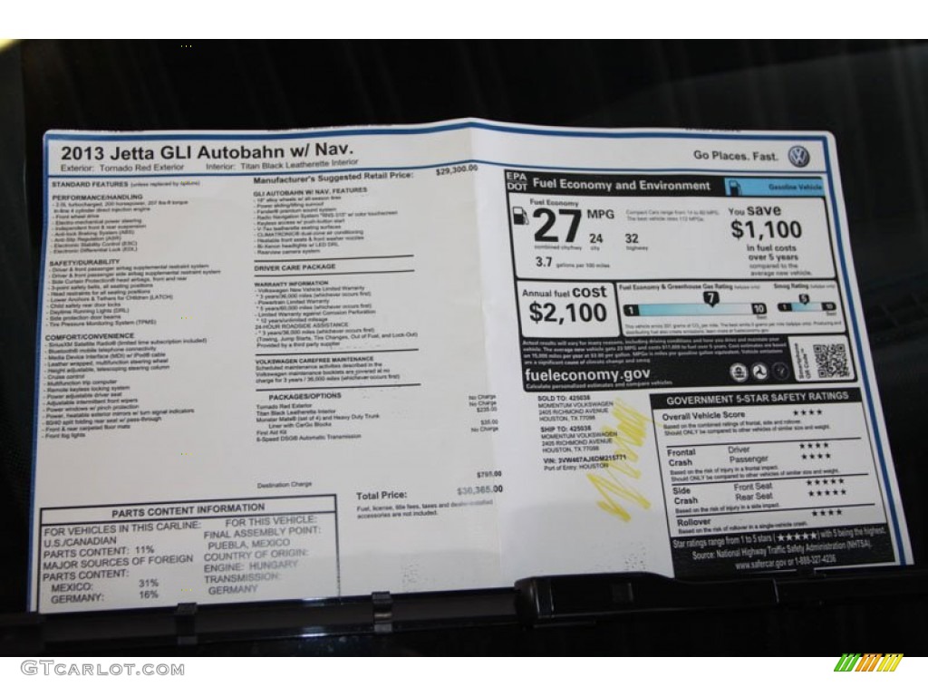 2013 Volkswagen Jetta GLI Autobahn Window Sticker Photo #70018960