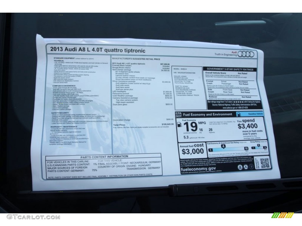 2013 Audi A8 L 4.0T quattro Window Sticker Photo #70023614