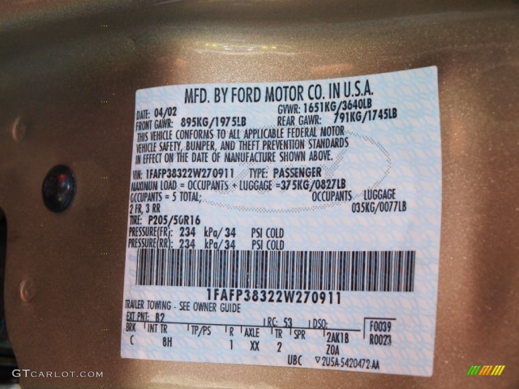 2002 Focus Color Code B2 for Fort Knox Gold Photo #70032319