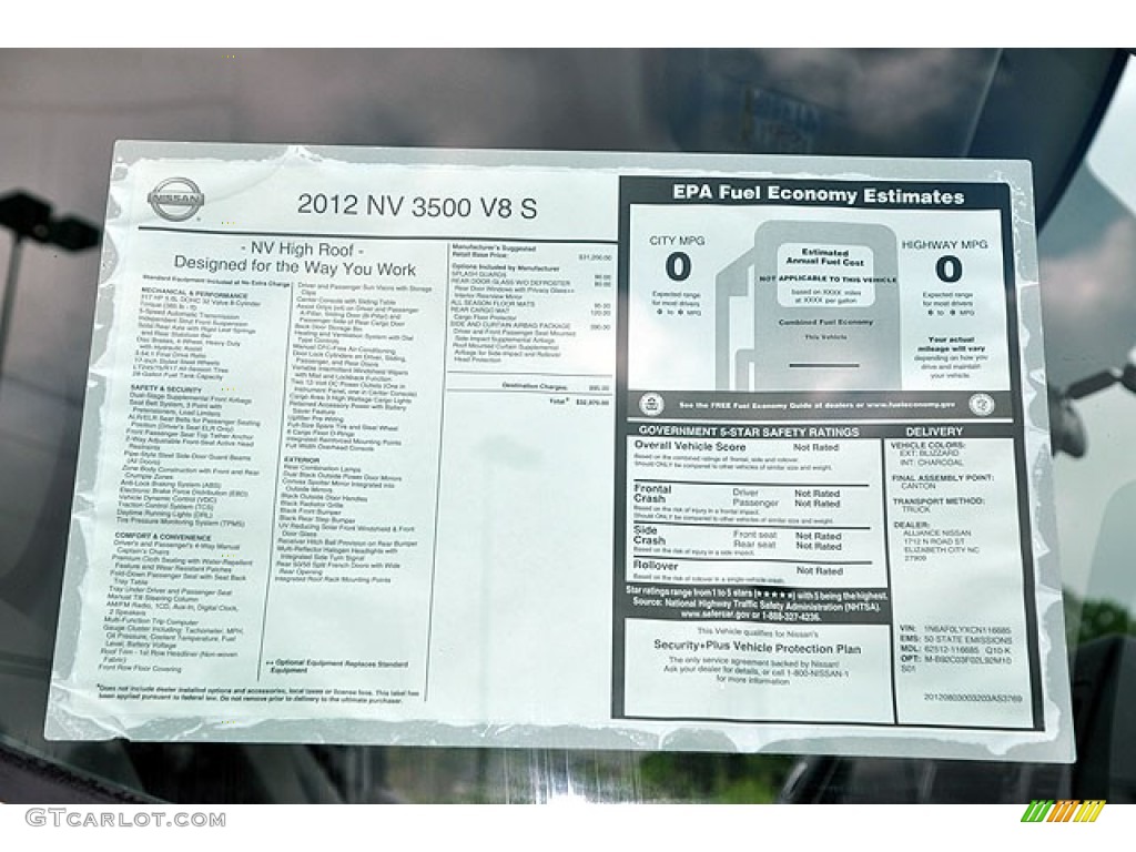 2012 Nissan NV 2500 HD S High Roof Window Sticker Photo #70083846
