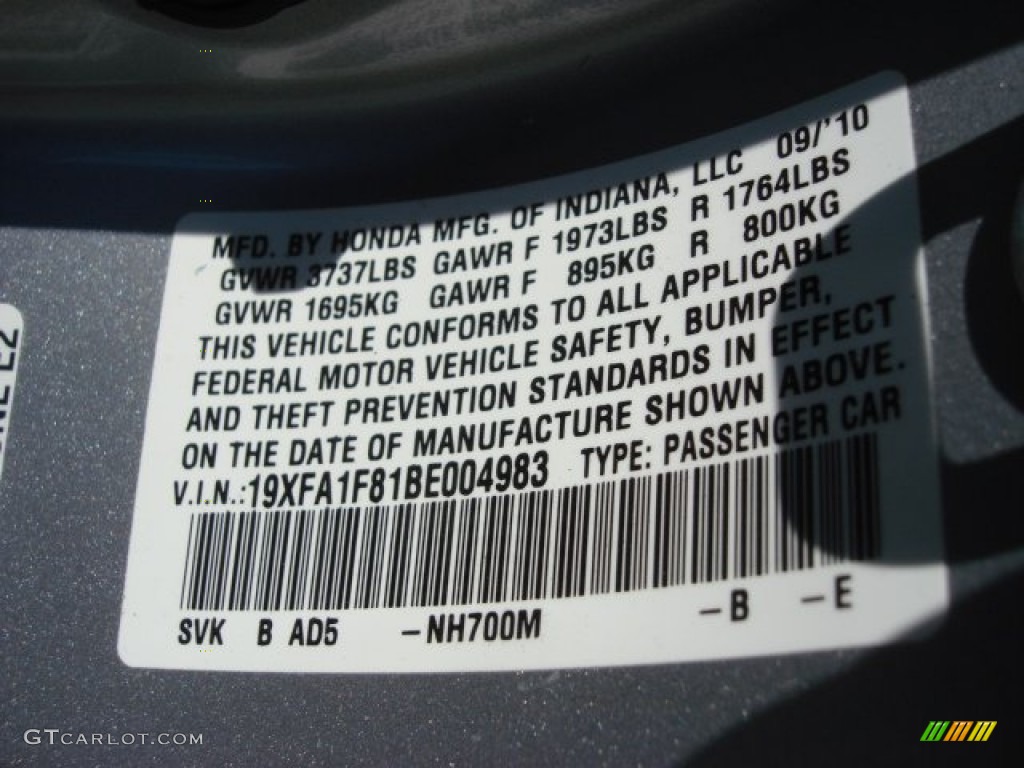 2011 Civic Color Code NH700M for Alabaster Silver Metallic Photo #70090176