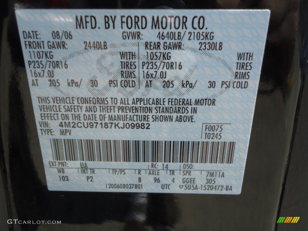 2007 Mercury Mariner Premier 4WD Color Code Photos