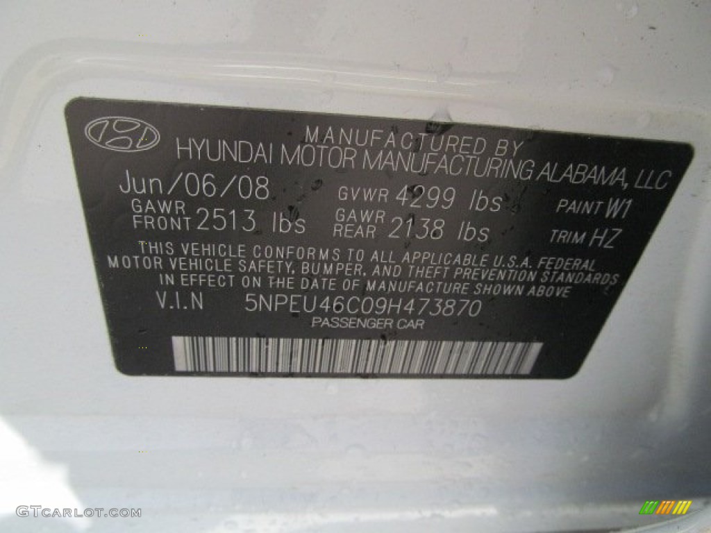 2009 Sonata Color Code W1 for Powder White Pearl Photo #70097619