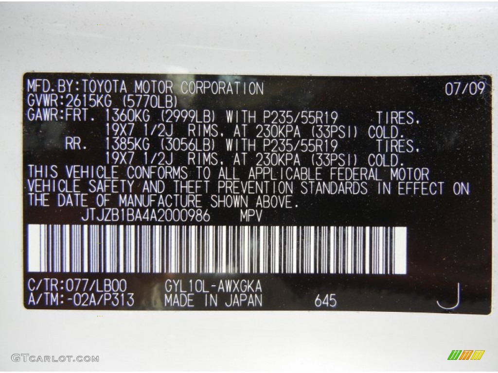 2010 RX Color Code 077 for Starfire White Pearl Photo #70106934