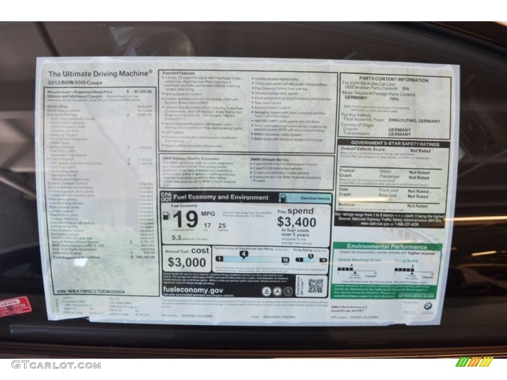 2013 BMW 6 Series 650i Coupe Window Sticker Photo #70107267