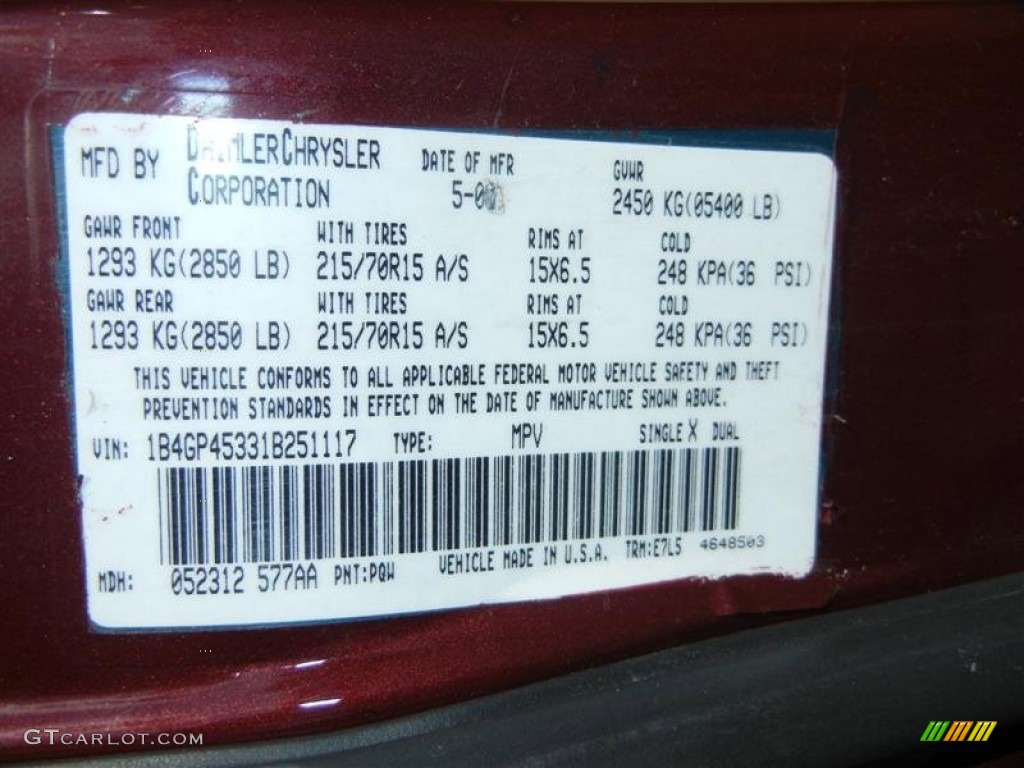 2001 Dodge Caravan Sport Color Code Photos