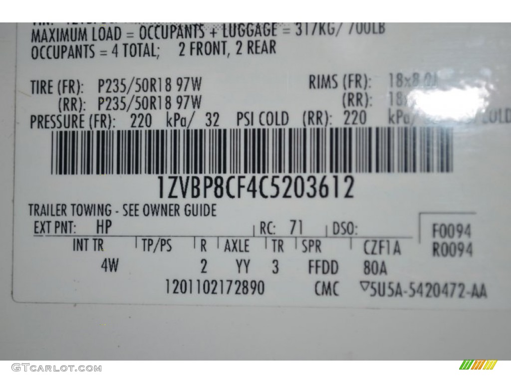 2012 Mustang Color Code HP for Performance White Photo #70127541