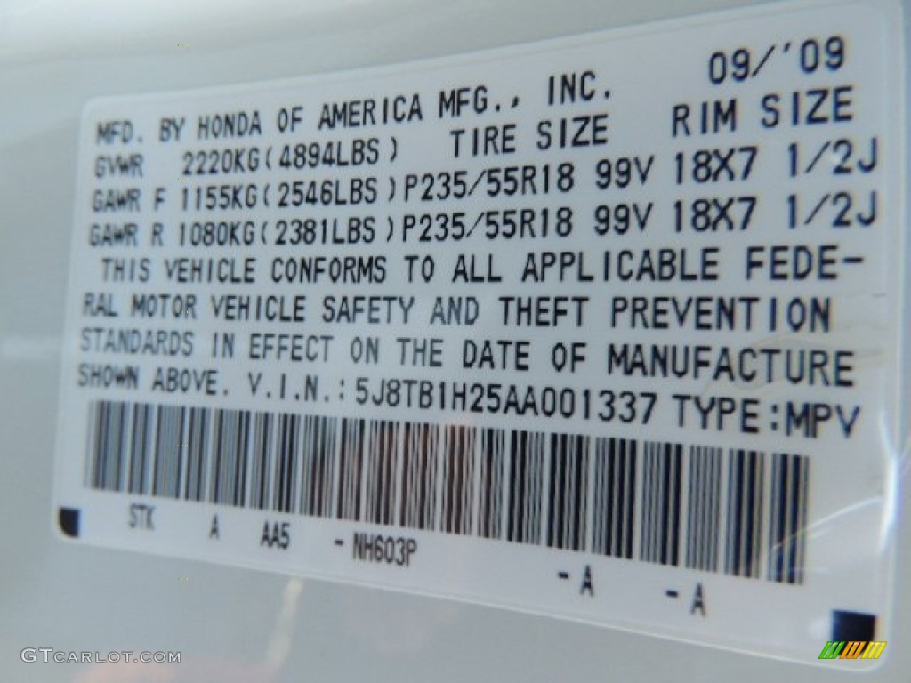 2010 Acura RDX SH-AWD Color Code Photos