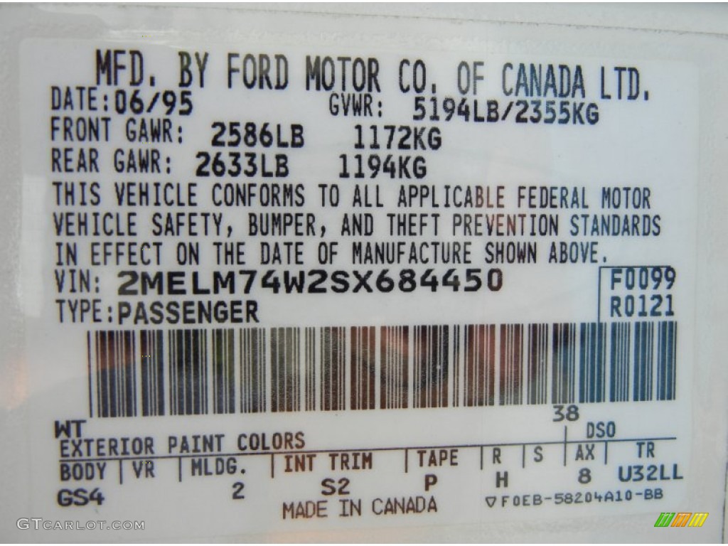 1995 Grand Marquis Color Code WT for Vibrant White Photo #70150199