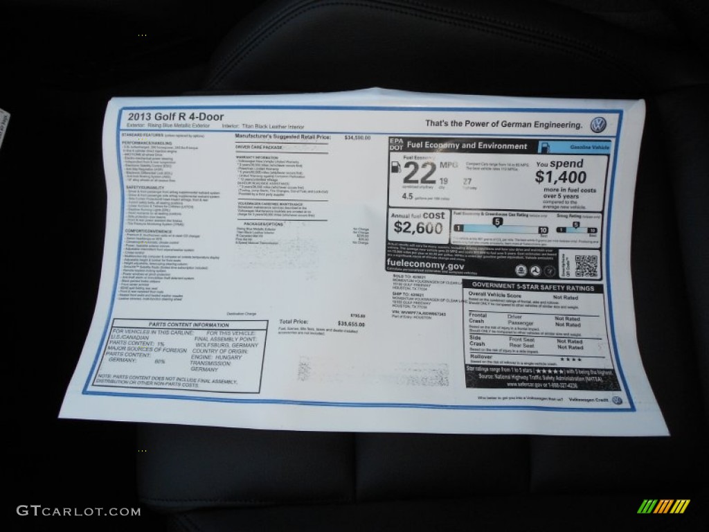 2013 Volkswagen Golf R 4 Door 4Motion Window Sticker Photo #70160300