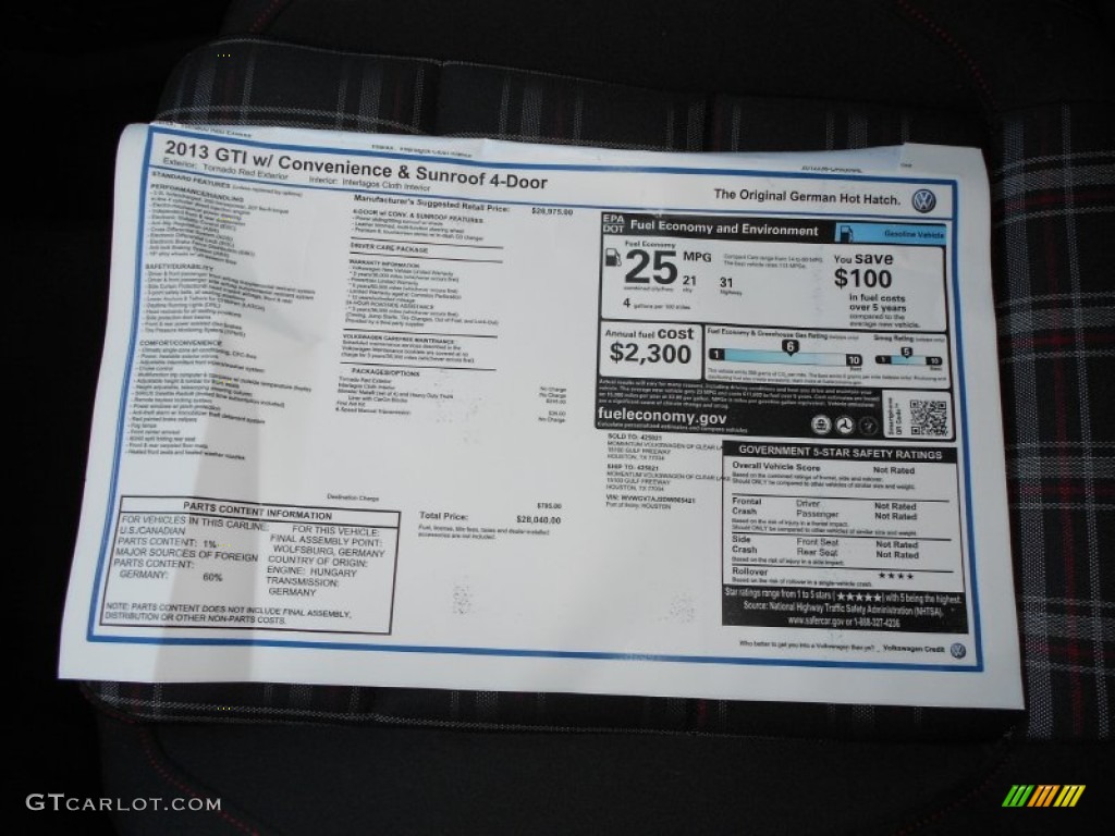 2013 Volkswagen GTI 4 Door Window Sticker Photo #70160672