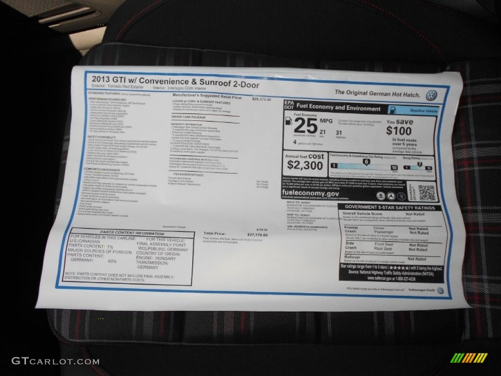 2013 Volkswagen GTI 2 Door Window Sticker Photo #70161557