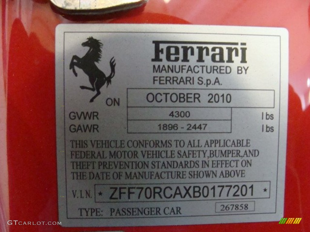 2011 Ferrari 599 GTO Info Tag Photo #70165324