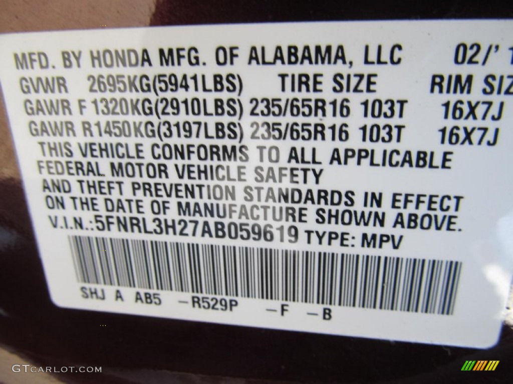 2010 Odyssey Color Code R529P for Dark Cherry Pearl Photo #70172309