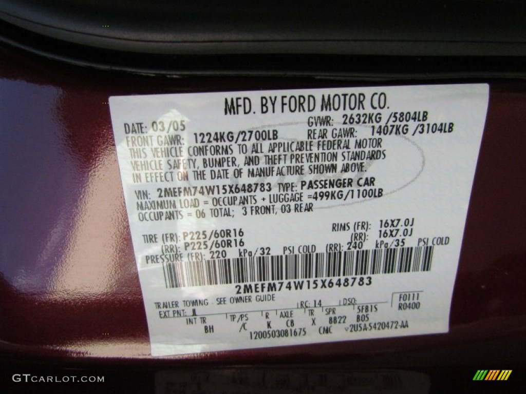 2005 Grand Marquis Color Code JL for Dark Toreador Red Metallic Photo #70181732