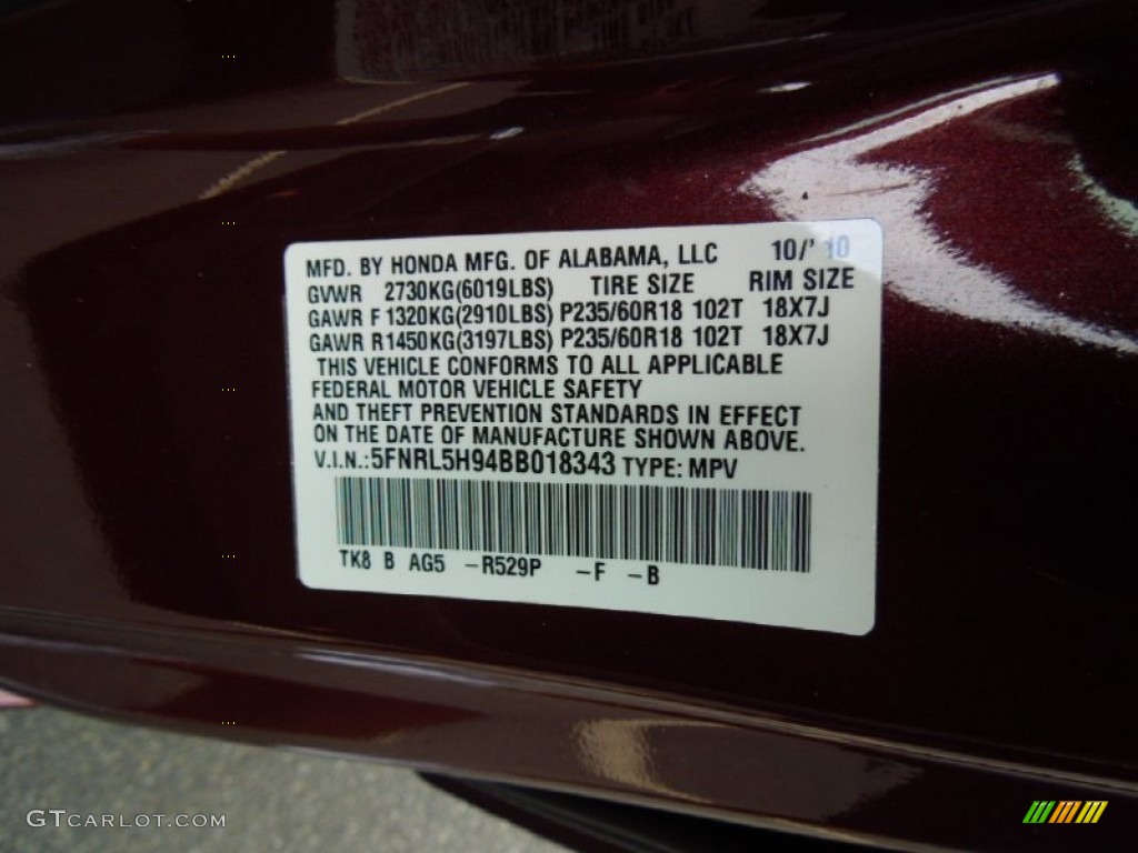 2011 Odyssey Color Code R529P for Dark Cherry Pearl Photo #70194011