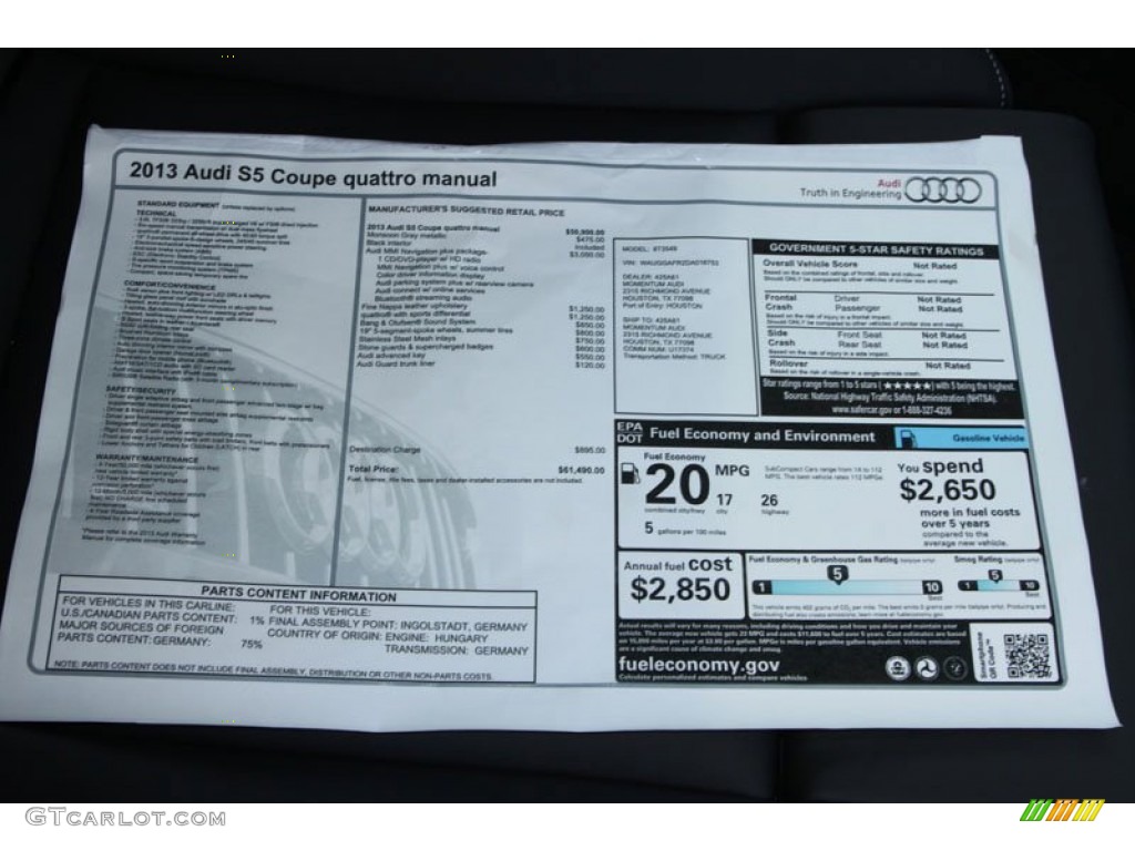 2013 Audi S5 3.0 TFSI quattro Coupe Window Sticker Photo #70210621
