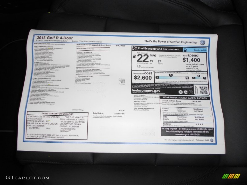 2013 Volkswagen Golf R 4 Door 4Motion Window Sticker Photo #70220761