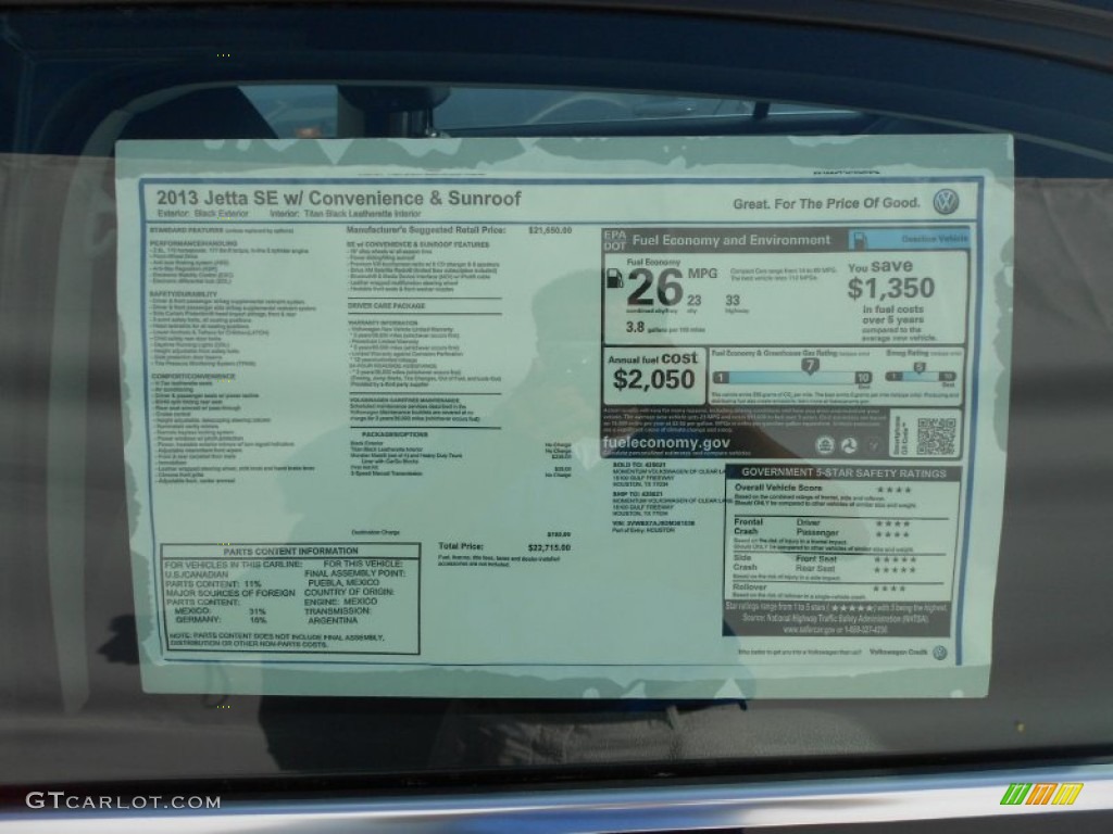 2013 Volkswagen Jetta SE Sedan Window Sticker Photo #70222612