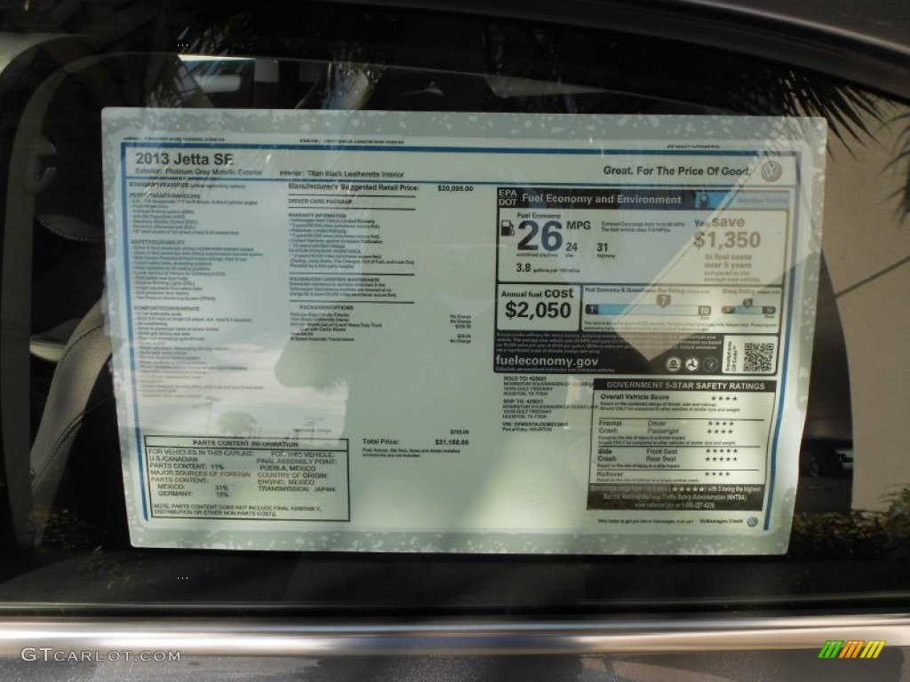 2013 Jetta SE Sedan - Platinum Gray Metallic / Titan Black photo #22