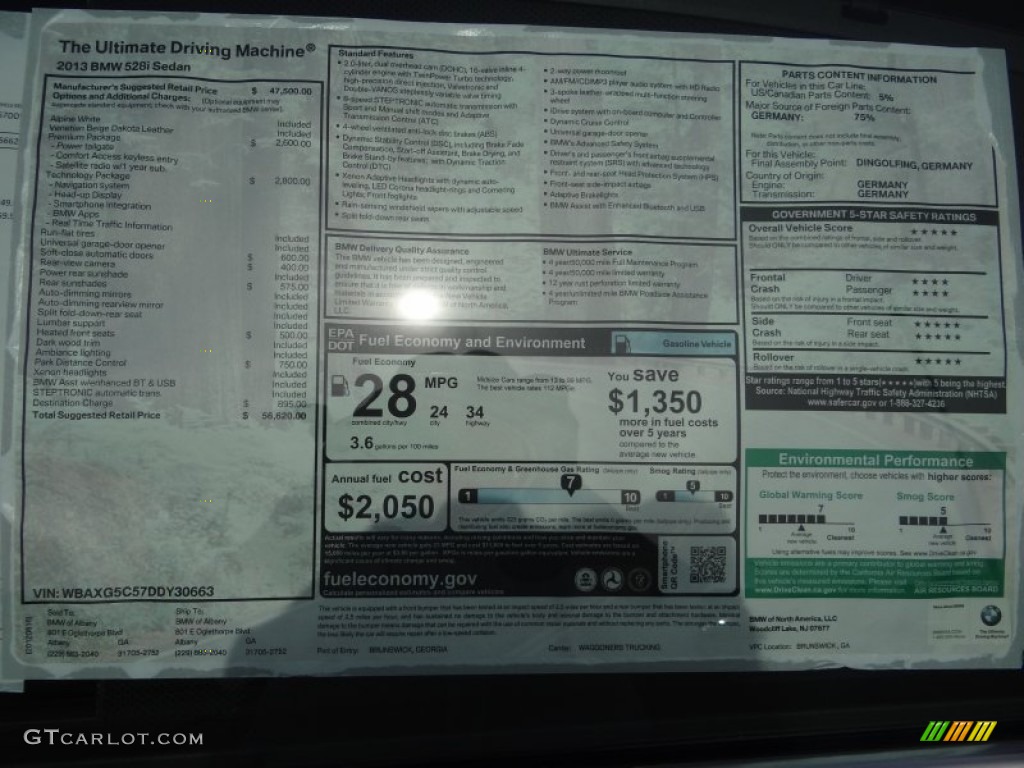 2013 BMW 5 Series 528i Sedan Window Sticker Photo #70229062