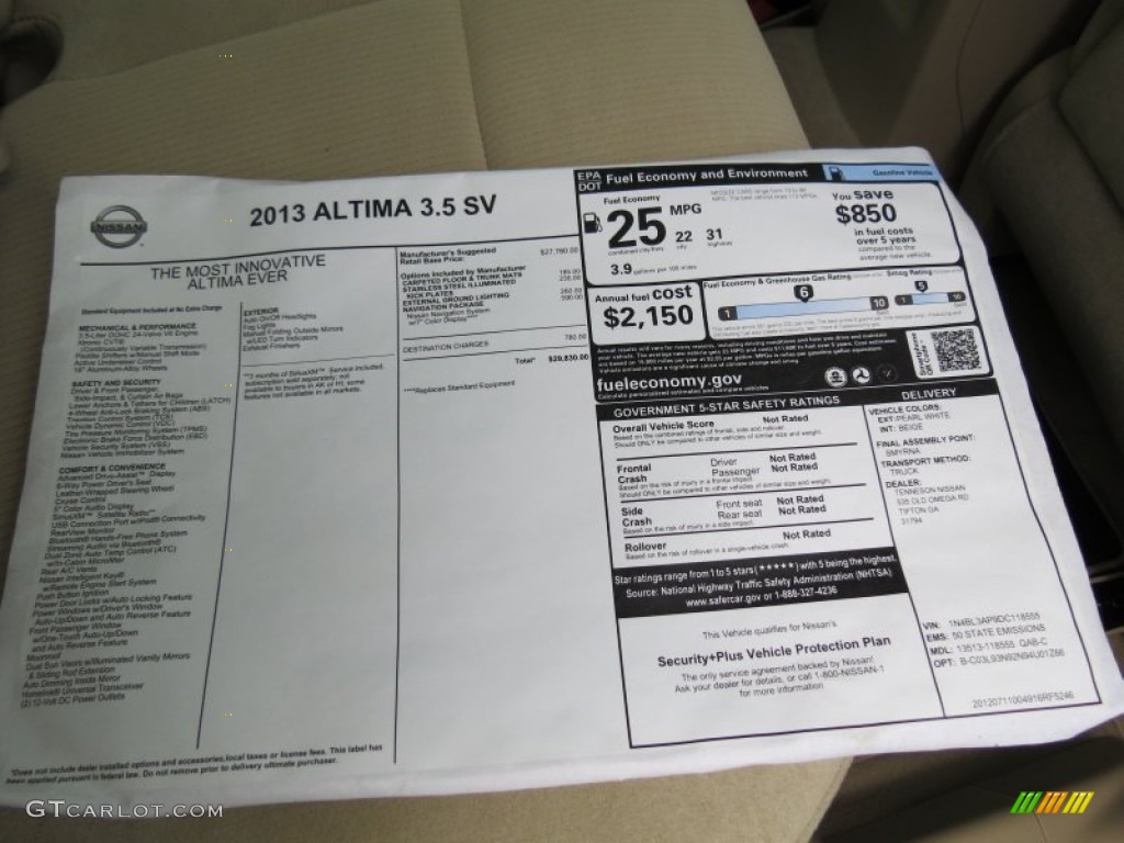 2013 Nissan Altima 3.5 SV Window Sticker Photo #70234255