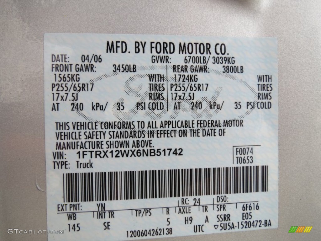 2006 Ford F150 STX SuperCab Color Code Photos