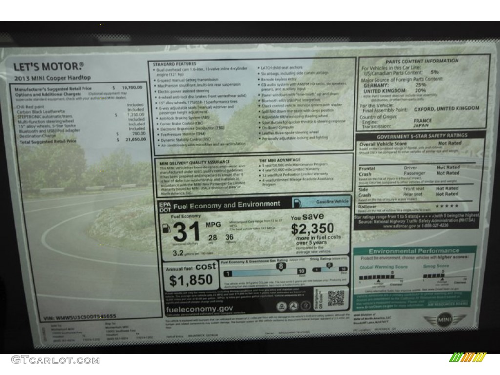 2013 Mini Cooper Hardtop Window Sticker Photo #70275460